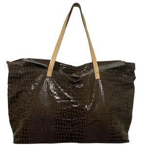 LOGO By Lori Goldstein Oversized Snakeskin Print Tote Dark Brown